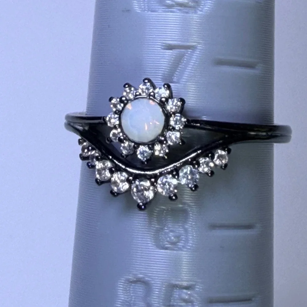 Fragrant Jewels Black Faux Opal Crystal Halo  Ring Size 8 Moon Flowers Gothcore